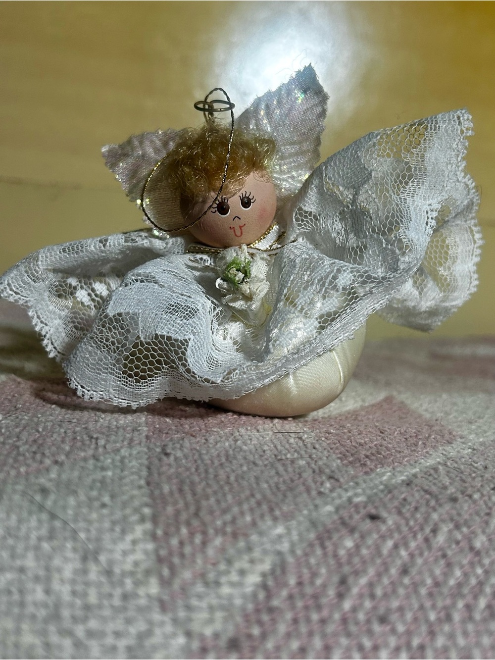Handmade Angel Ornament with Delicate Lace Dress & Painted Wooden Head